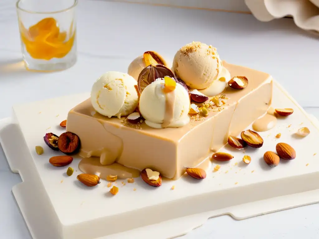 Exquisito helado de turrón casero con almendras y nougat esparcidos, sobre mármol