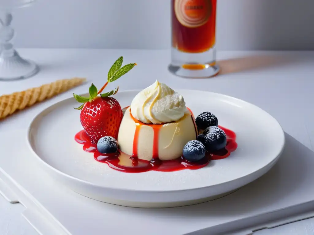 Un exquisito helado de vainilla casero con salsa de frutos rojos sobre un plato blanco