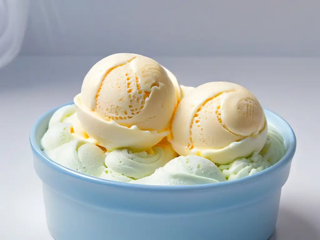 Un exquisito helado de vainilla, cremoso y brillante, con vapor sutil, destaca la importancia de las técnicas para congelar postres correctamente