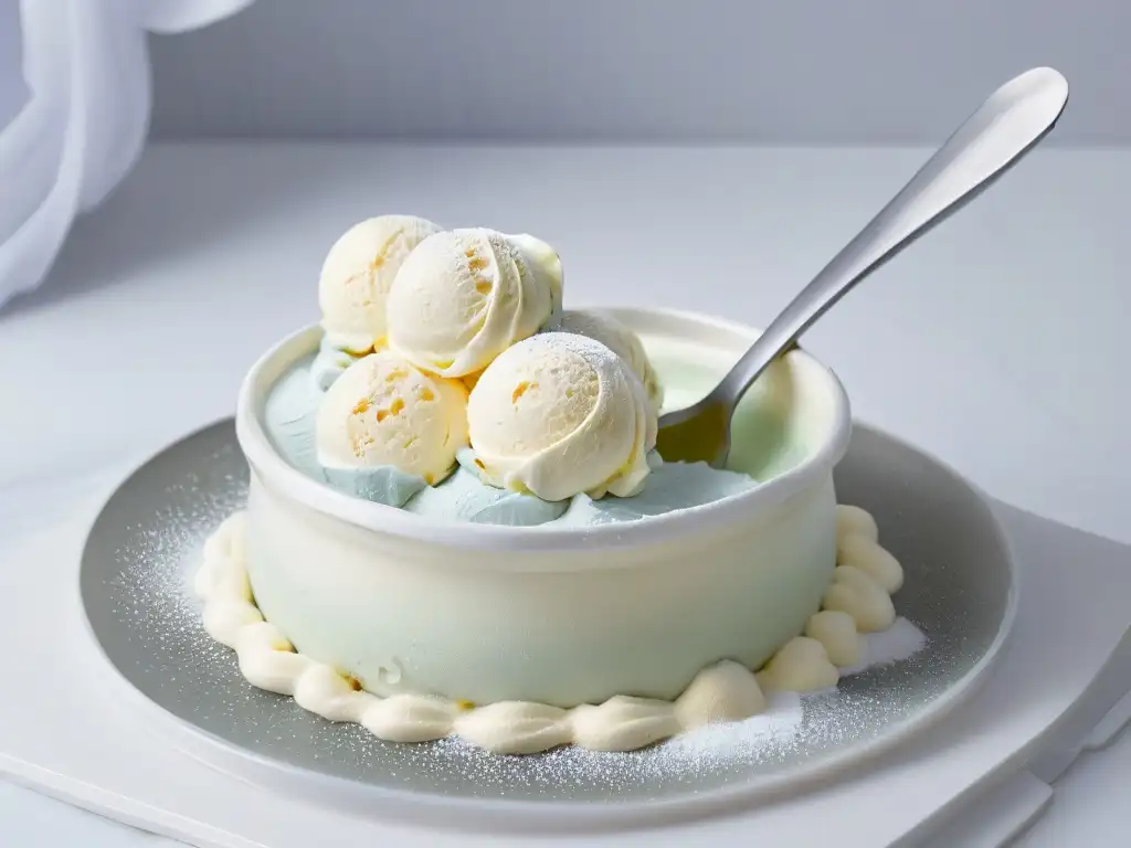 Un exquisito helado de vainilla sobre mármol frío, con textura suave y cristales de hielo, en una atmósfera elegante