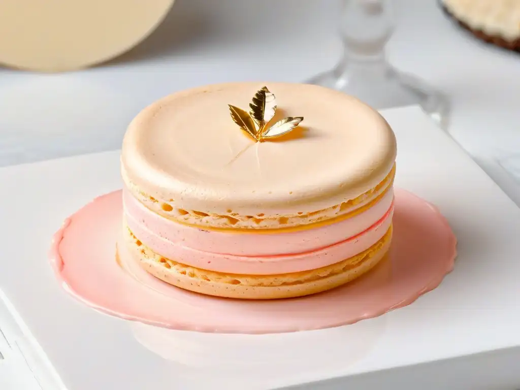 Exquisito macaron rosa con hoja de oro, sobre encimera de mármol blanco