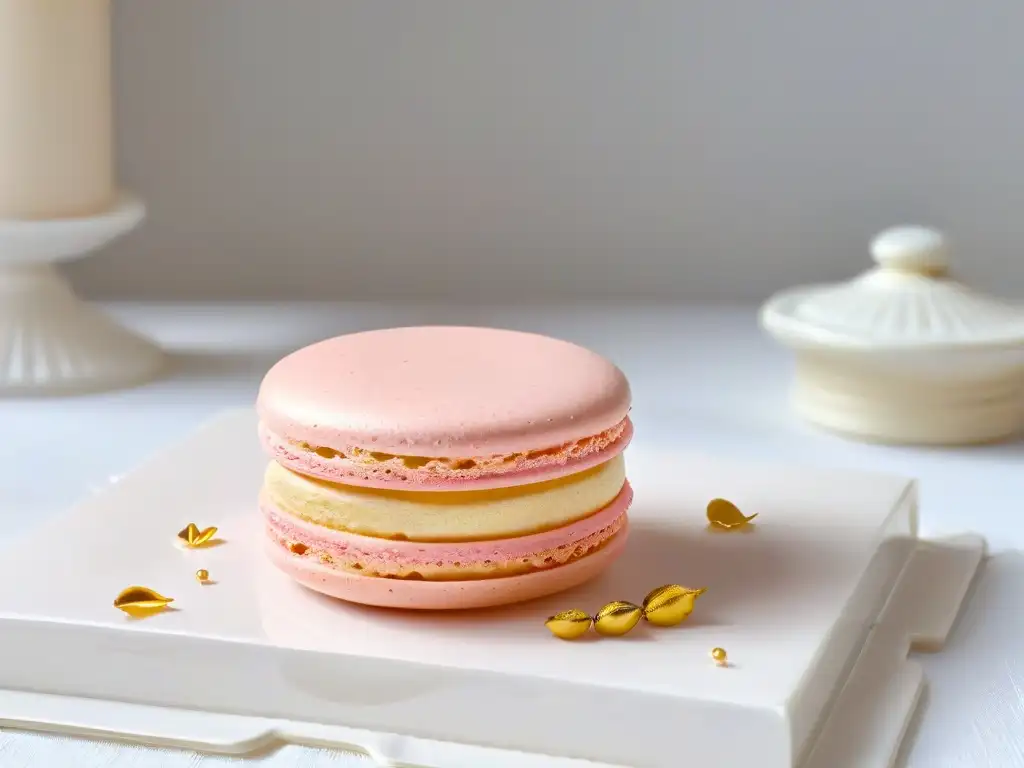 Exquisito macaron rosa con hoja de oro, en plato blanco