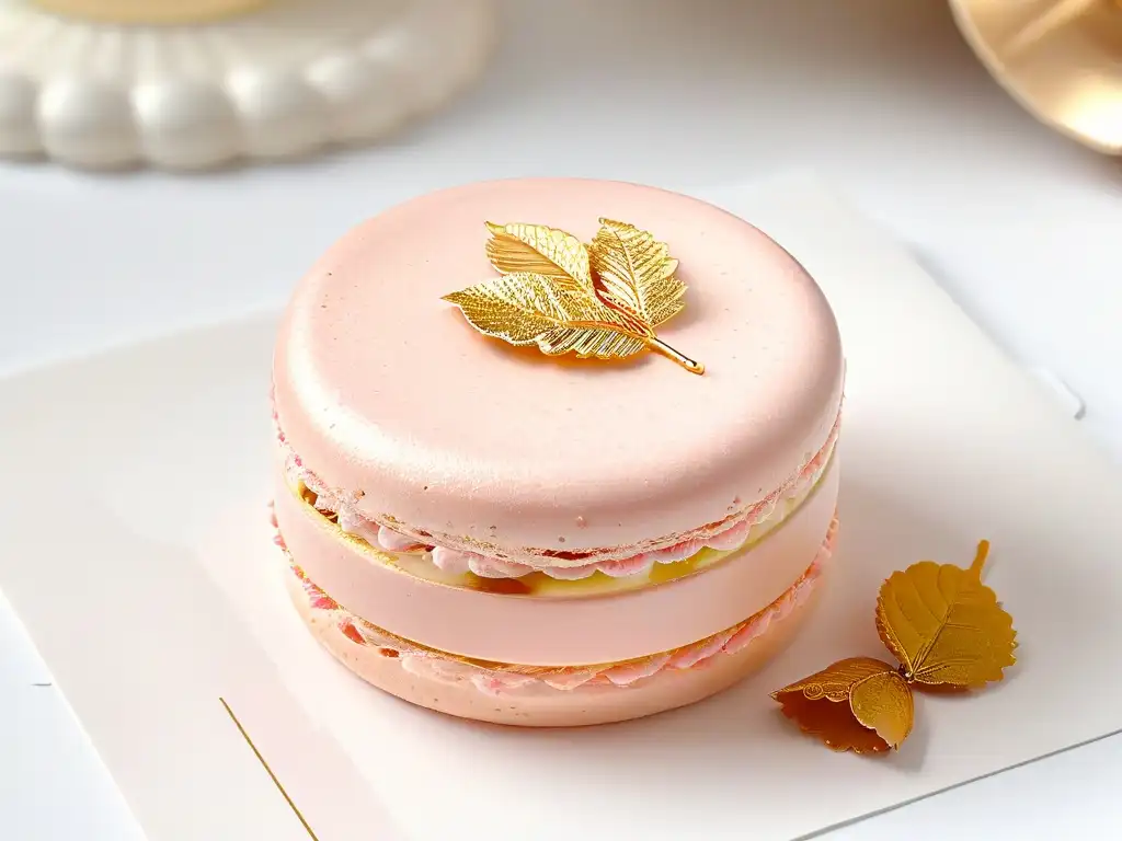 Un exquisito macaron rosa con hojuelas de oro comestibles, en fondo blanco, destacando elegancia