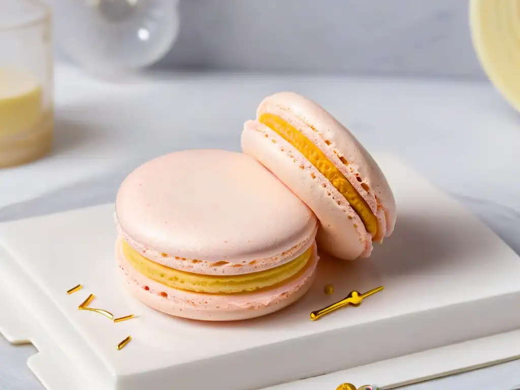 Exquisito macaron rosa con oro comestible en mármol blanco Un exquisito macaron rosa perfectamente horneado, decorado con polvo dorado comestible, sobre una encimera de mármol blanco