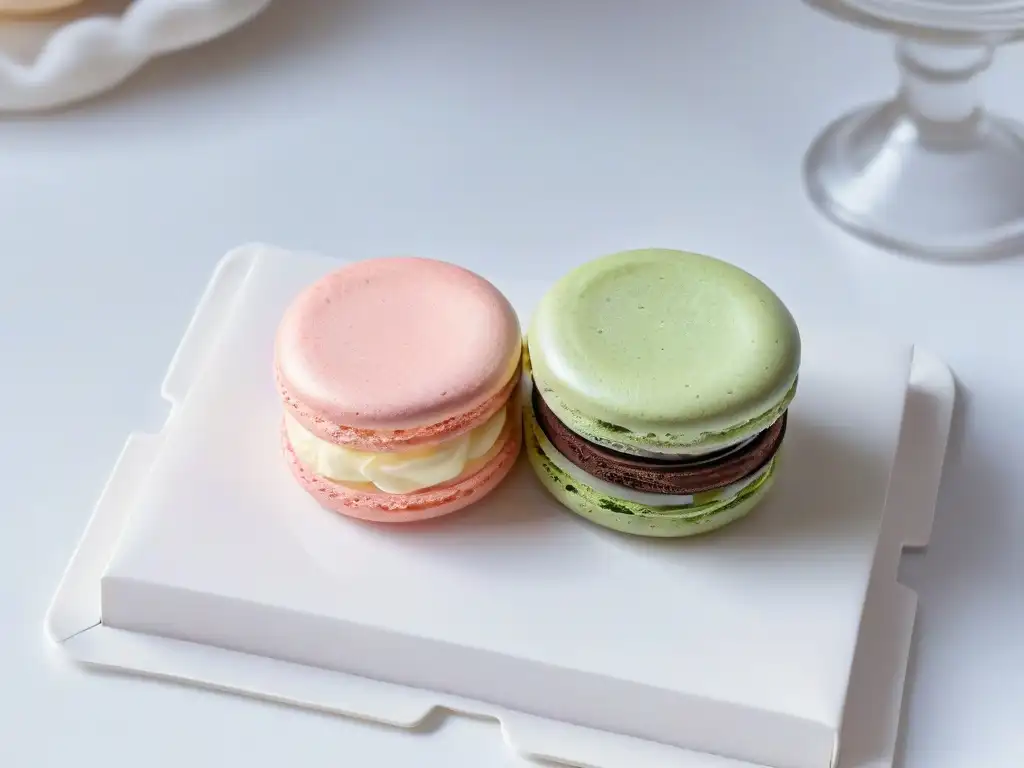 Un exquisito macaron perfectamente horneado en tono pastel sobre un plato blanco impecable