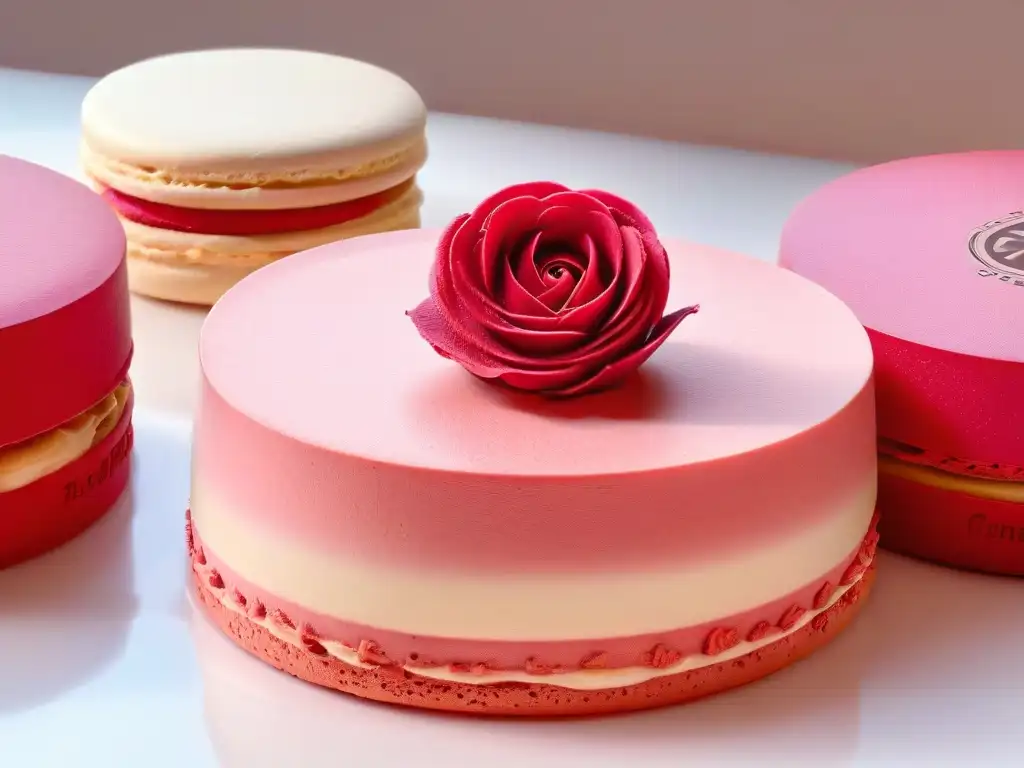 Un exquisito macaron Ispahan de Pierre Hermé con diseño de pétalos de rosa, color vibrante y superficie perfecta