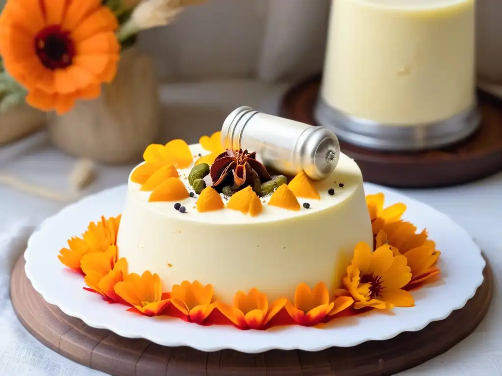 Exquisito kulfi en molde de plata rodeado de flores de caléndula y especias indias en mesa rústica