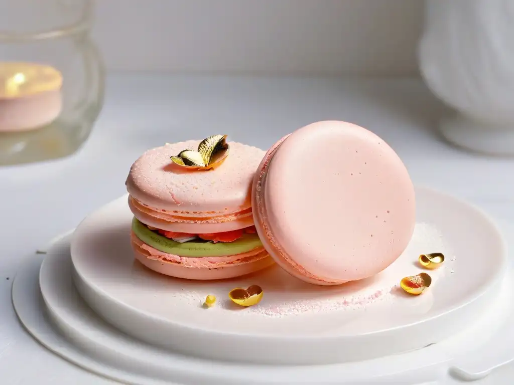 Un exquisito macaron rosa de Ladurée, con detalles y brillo, sobre porcelana blanca en mármol