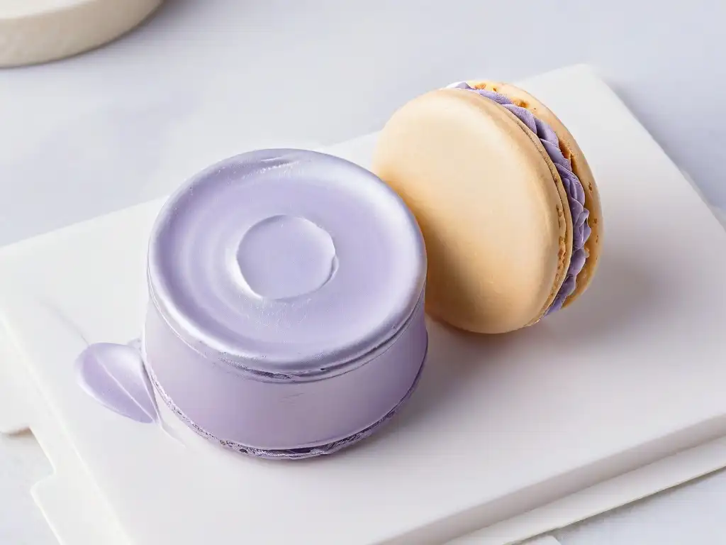 Exquisito macaron de lavanda en mármol blanco con pétalos, evocando arte culinario