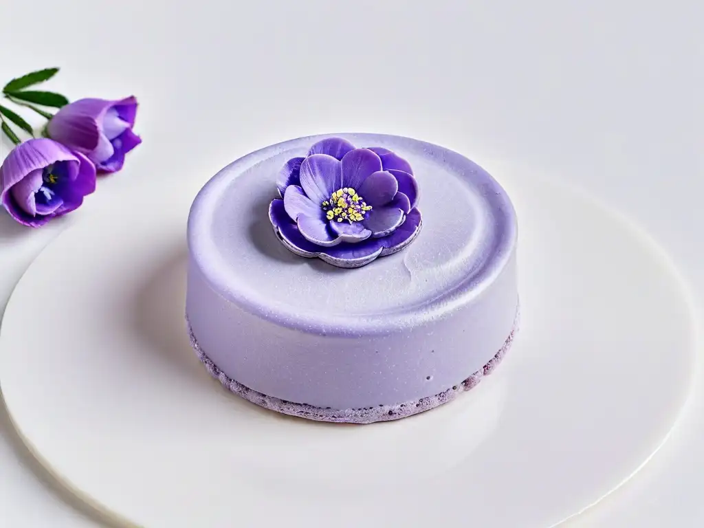 Exquisito macaron de lavanda con flores moradas Un exquisito macarrón de lavanda con flores comestibles, elegancia en repostería con flores comestibles