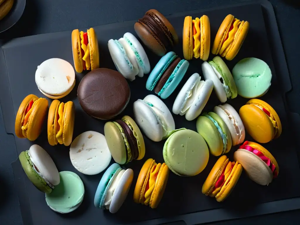 Un exquisito lote de macarons franceses en tonos pastel, dispuestos con elegancia en un fondo negro mate