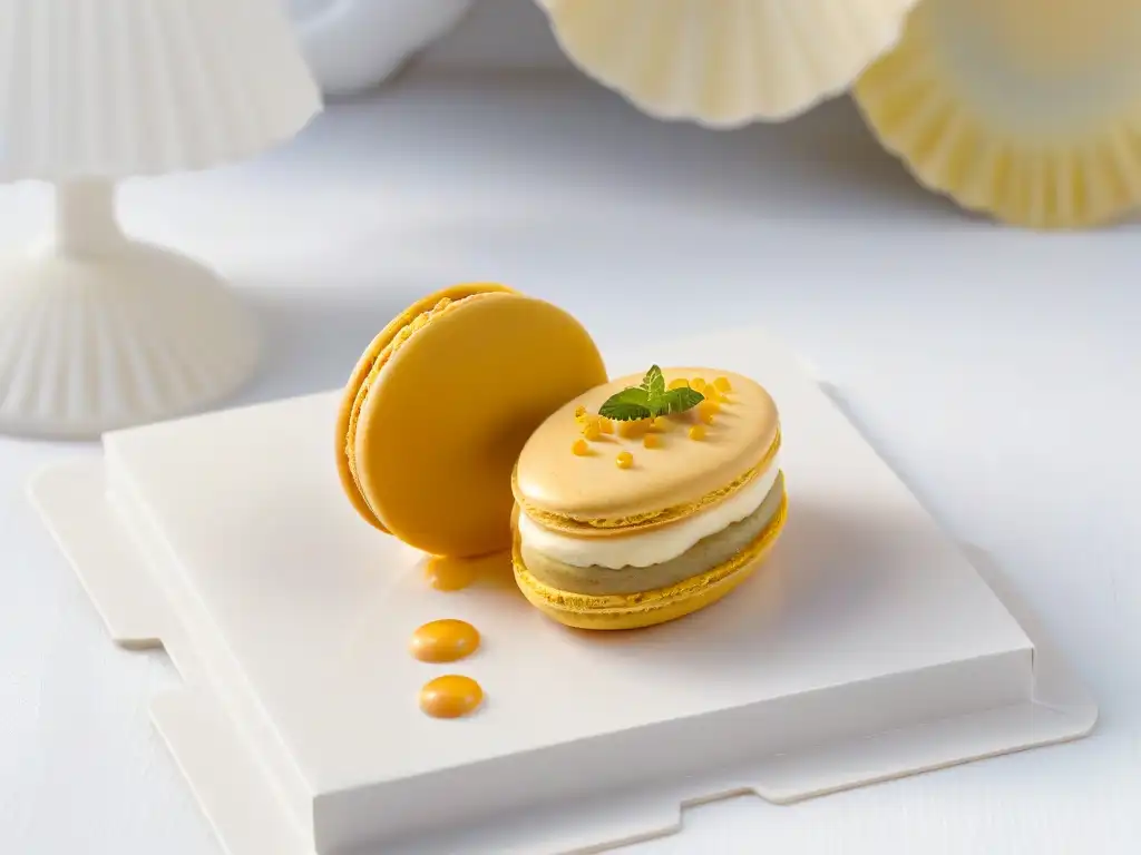 Un exquisito macaron de mango y maracuyá, fusionando sabores exóticos en una obra de arte de repostería para festivales