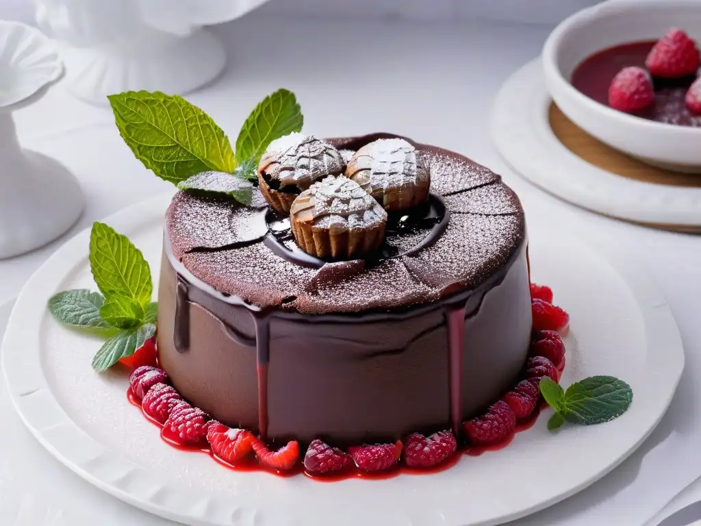 Exquisito pastel de lava de chocolate negro con coulis de frambuesa Un exquisito maridaje vinos postres combinación celestial: un lujoso pastel de lava de chocolate negro con salsa de frambuesa y hojas de menta fresca