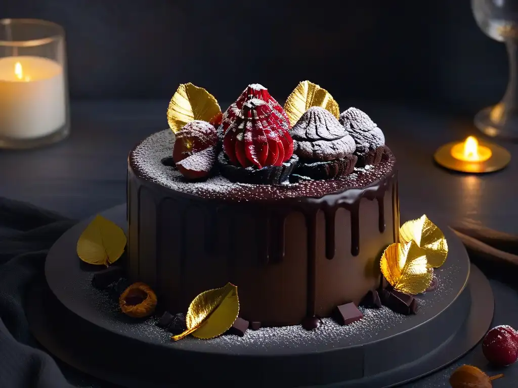 Exquisita copa de vino y pastel de chocolate en escena elegante Exquisito maridaje vinos postres combinación celestial: copa de vino tinto y pastel de chocolate en mesa elegante con luz de velas