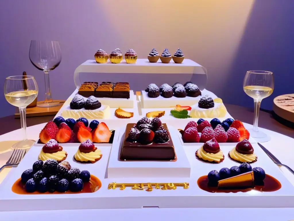 Un exquisito maridaje de vinos y postres en una elegante mesa iluminada por velas