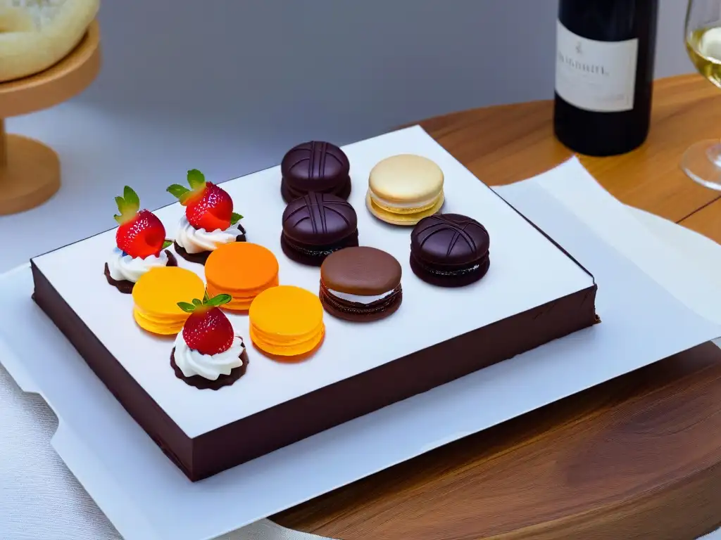 Exquisito maridaje vinos postres sin gluten con macarons, tartas y pastel de chocolate, presentados elegantemente