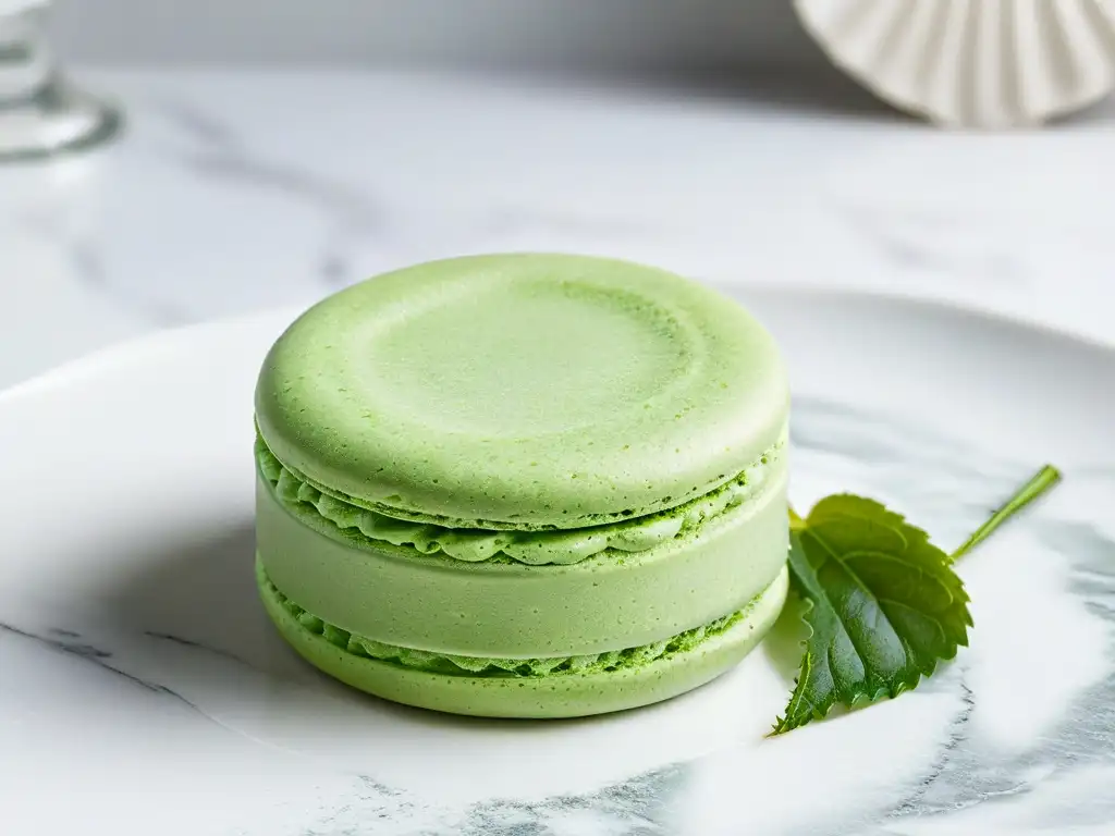 Exquisito macaron de matcha en mármol blanco