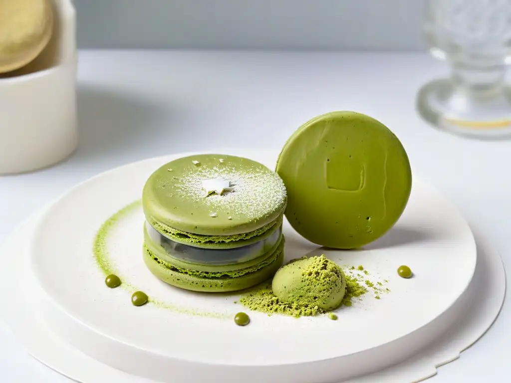 Exquisito macaron de té matcha saludable sobre plato blanco moderno