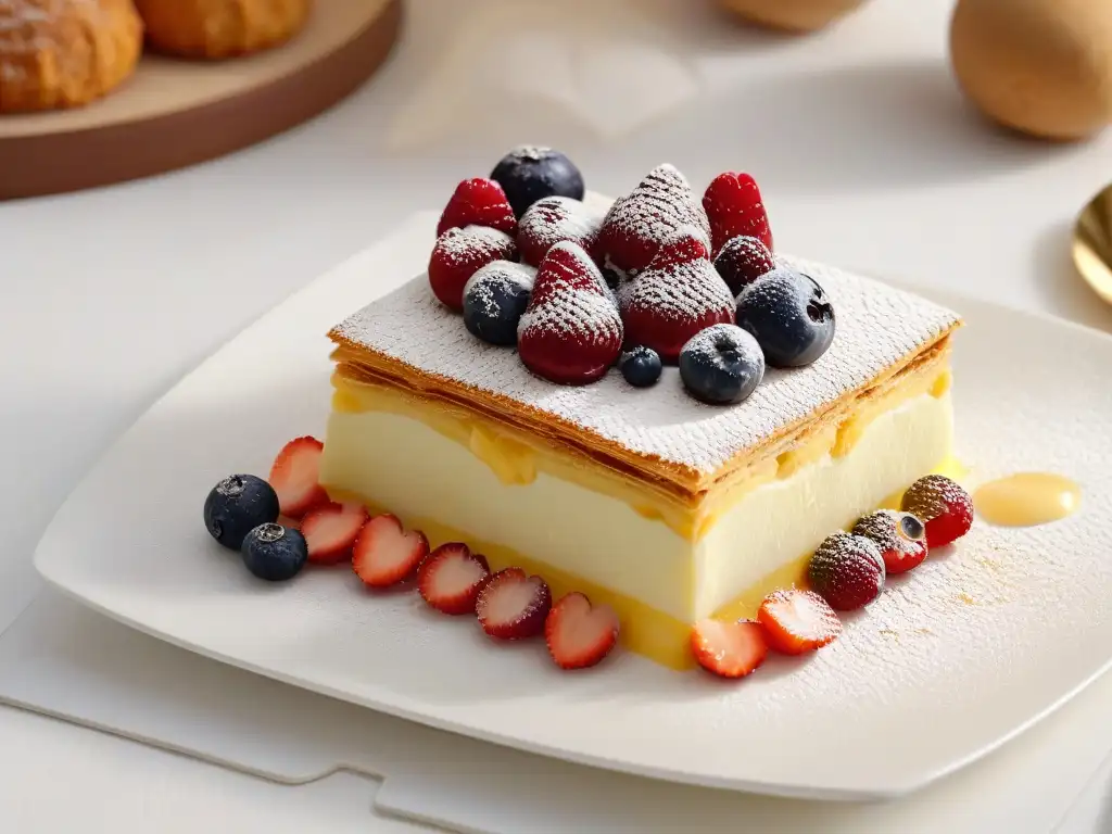 Exquisito milhojas con crema pastelera y frutos del bosque, detalle y sabor en cada capa