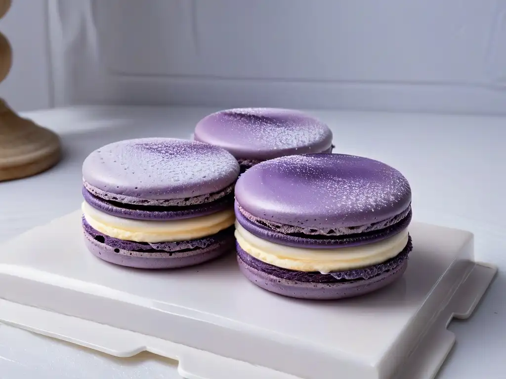 Exquisito macaron morado y lavanda sobre mármol blanco