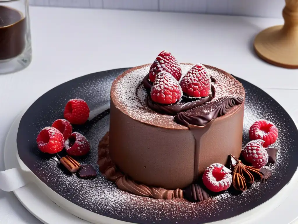 Un exquisito mousse de chocolate sin azúcar con frambuesas, presentado elegantemente