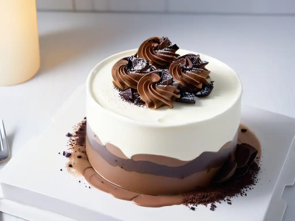 Un exquisito Mousse de chocolate sin gluten con delicadas virutas de chocolate negro, brillando bajo una suave luz natural