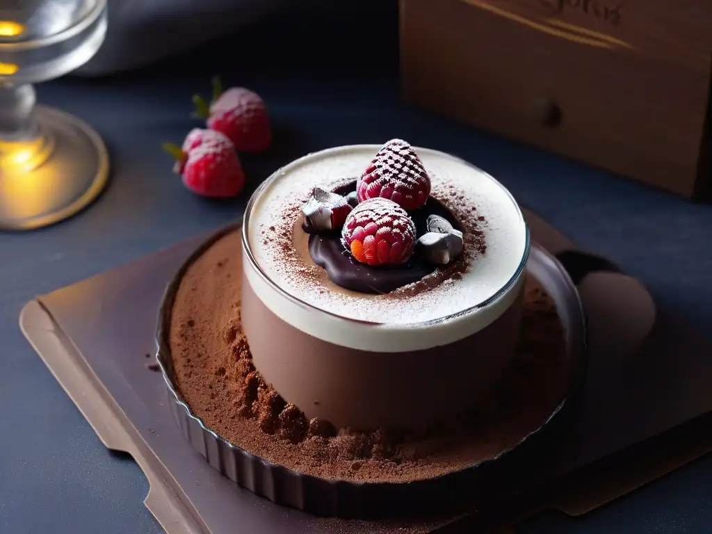 Un exquisito mousse de chocolate ligero receta, decorado con cacao y frambuesa en copa de postre elegante