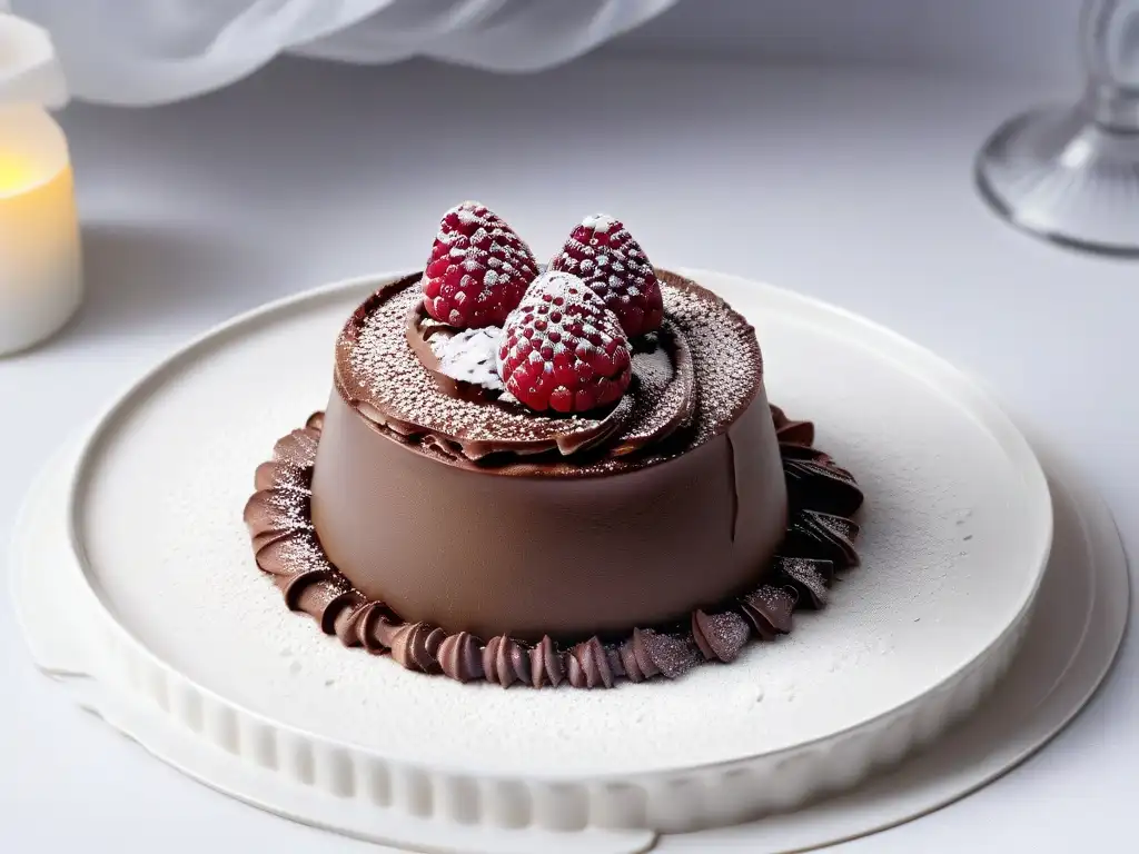 Un exquisito mousse de chocolate ligero receta con frambuesa brillante, presentado en un elegante ramekin blanco