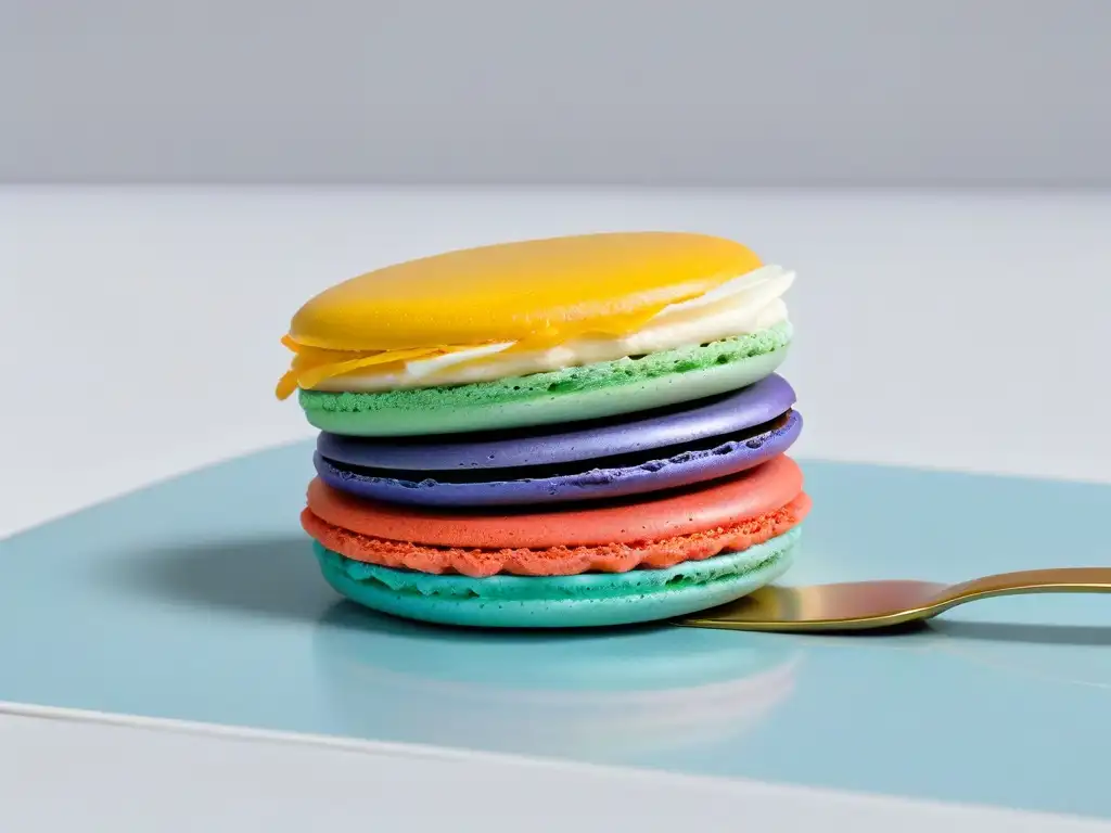 Un exquisito macaron multicolor equilibrado en una cuchara de plata, sobre fondo blanco