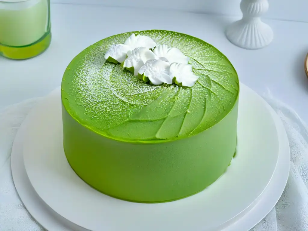 Un exquisito Pandan Chiffon Cake esponjoso, dorado y aromático, decorado con hojas de pandan