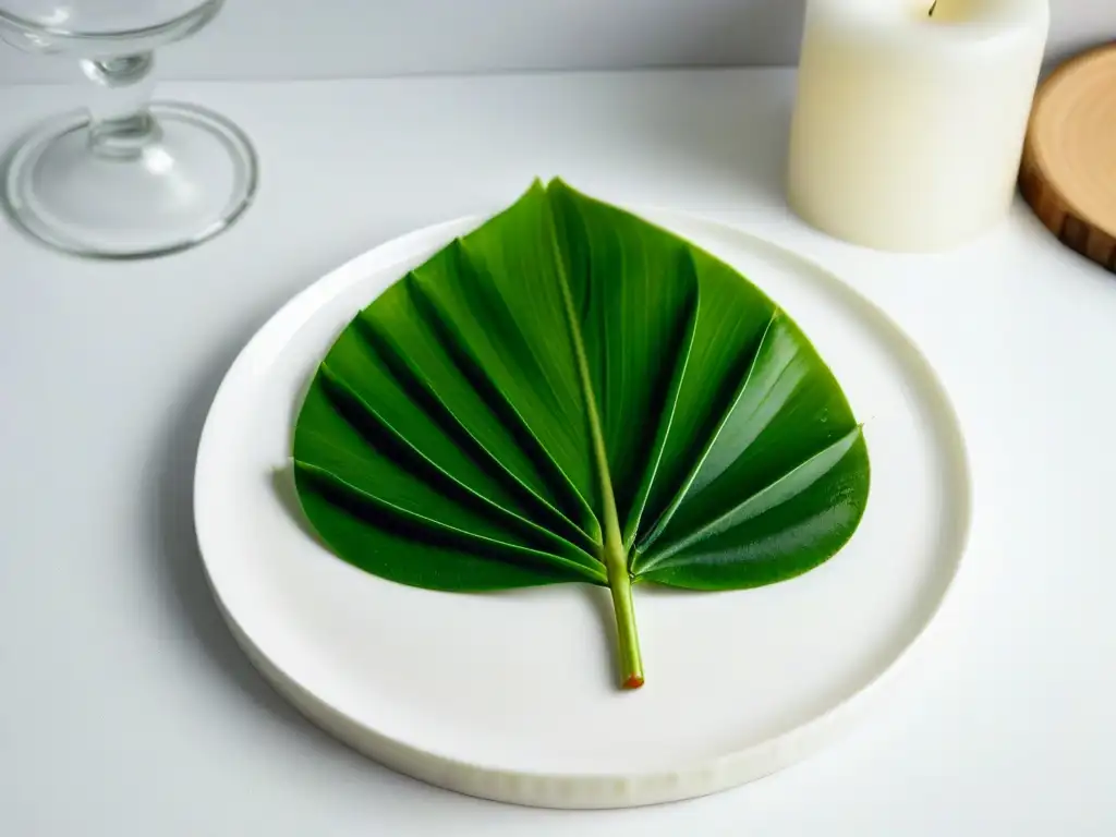 Un exquisito pandan verde sobre plato blanco, resaltando su belleza natural