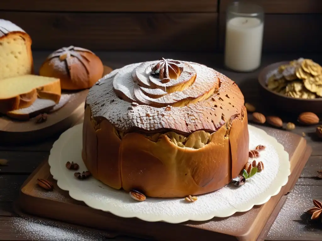 Un exquisito panettone dorado con azúcar glas, frutas confitadas y nueces, sobre mesa rústica