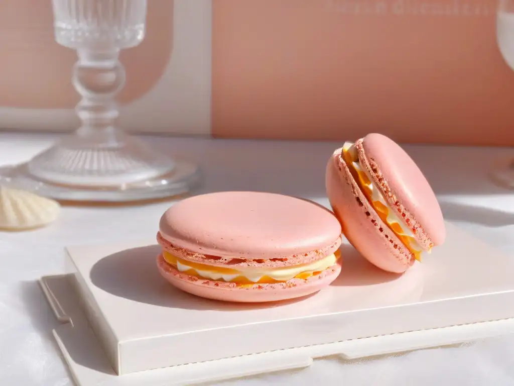 Exquisito macaron rosa en café parisino, lujo y arte gourmet