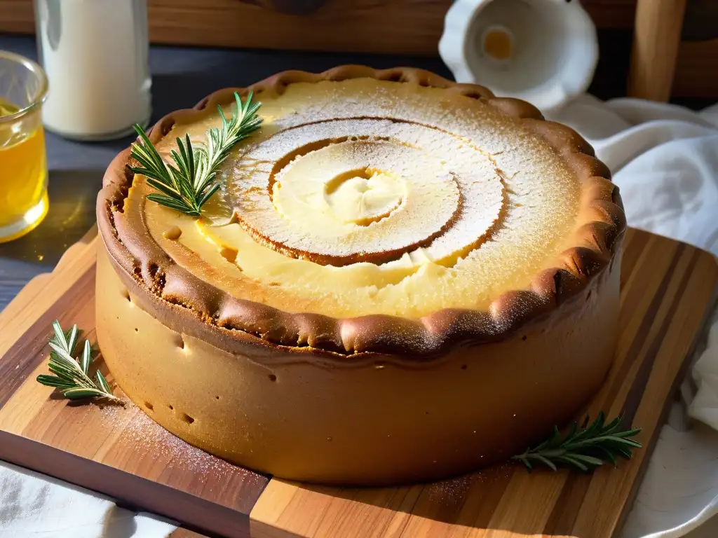 Un exquisito pastel de aceite de oliva recién horneado con detalles dorados y toques de naranja, rodeado de romero y miel brillante