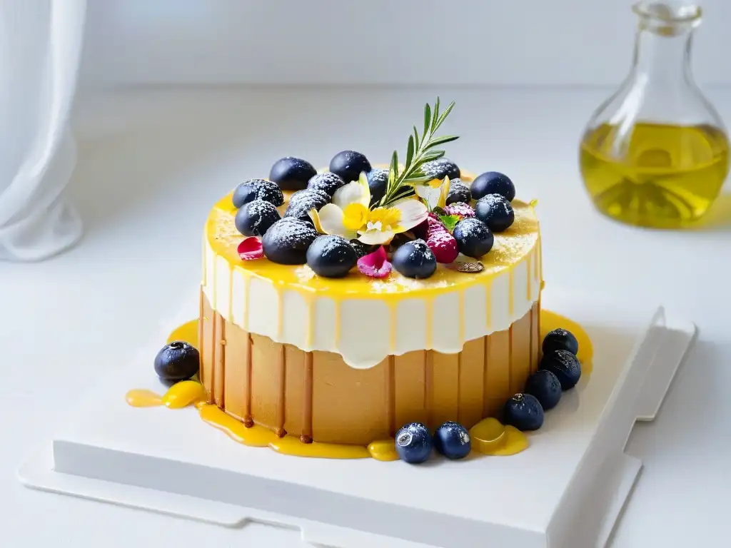 Un exquisito pastel de aceite de oliva con decoración elegante de ramas de olivo, frutos rojos y flores comestibles