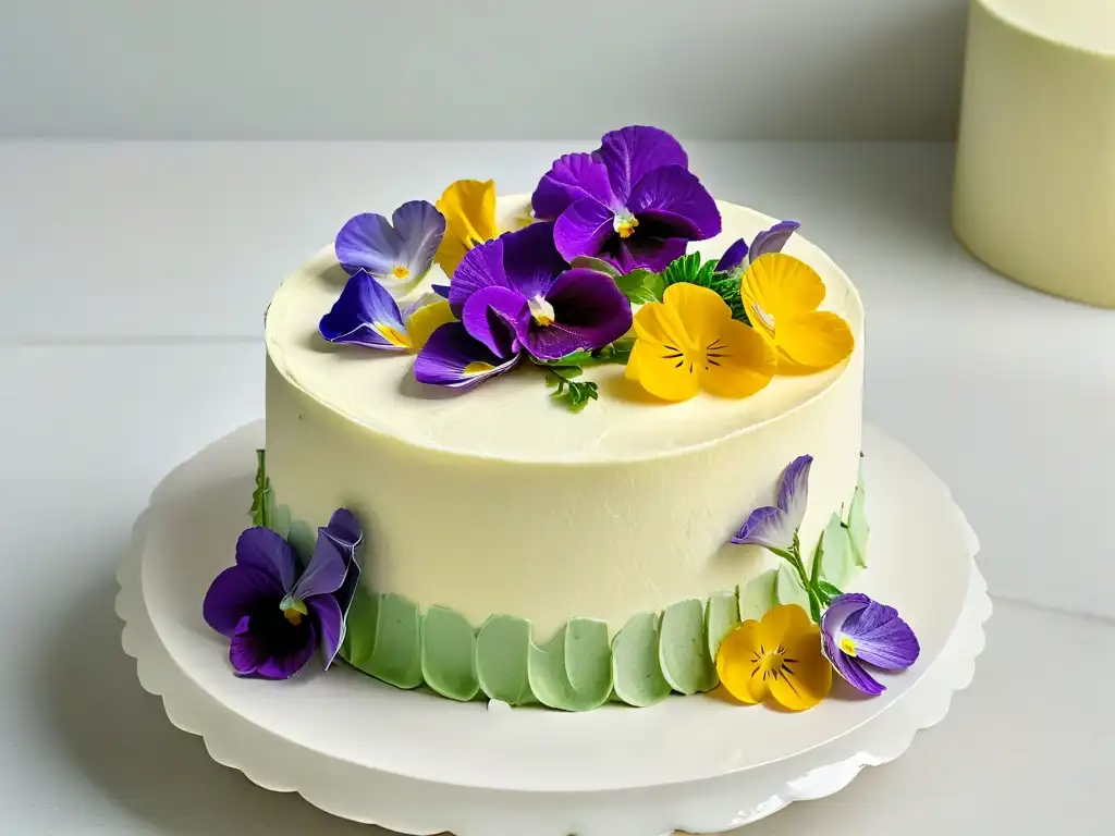 Un exquisito pastel adornado con flores comestibles, reflejando elegancia y sofisticación en su decoración