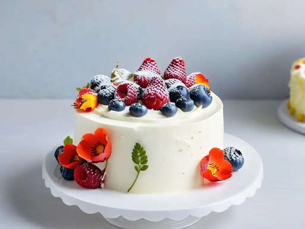 Un exquisito pastel sin azúcar, decorado con frutas y flores comestibles, en un elegante soporte blanco