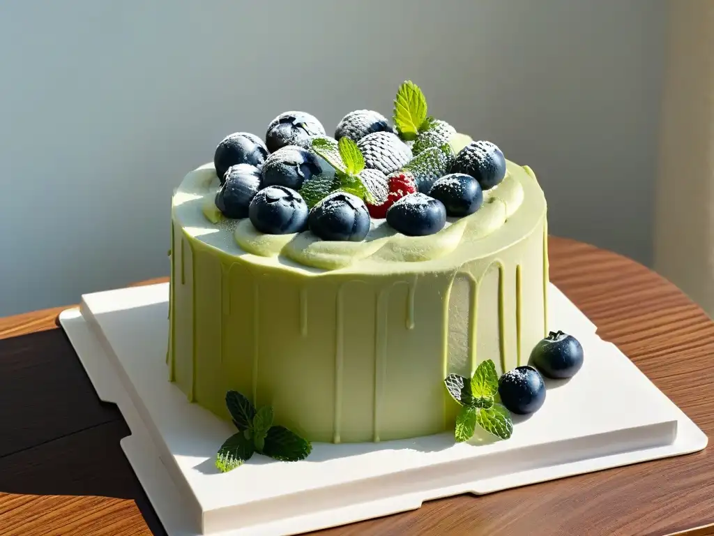 Un exquisito pastel de bajo contenido de azúcar decorado con frutas frescas y hojas de menta, sobre un elegante soporte de mármol