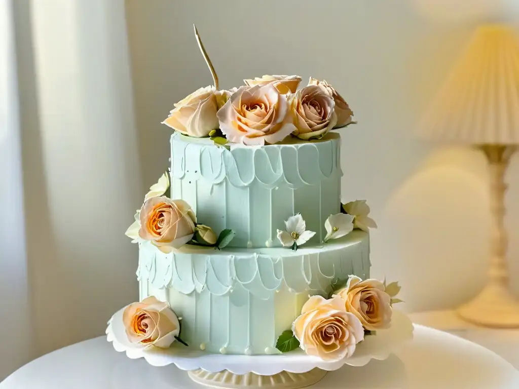 Exquisito pastel blanco de tres pisos con rosas pastel y detalles en hoja de oro, sobre un soporte de cristal, en un jardín soleado