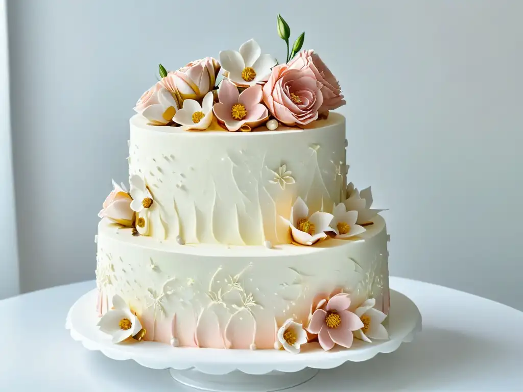 Un exquisito pastel de boda con decoraciones originales en tonos blush, marfil y dorado