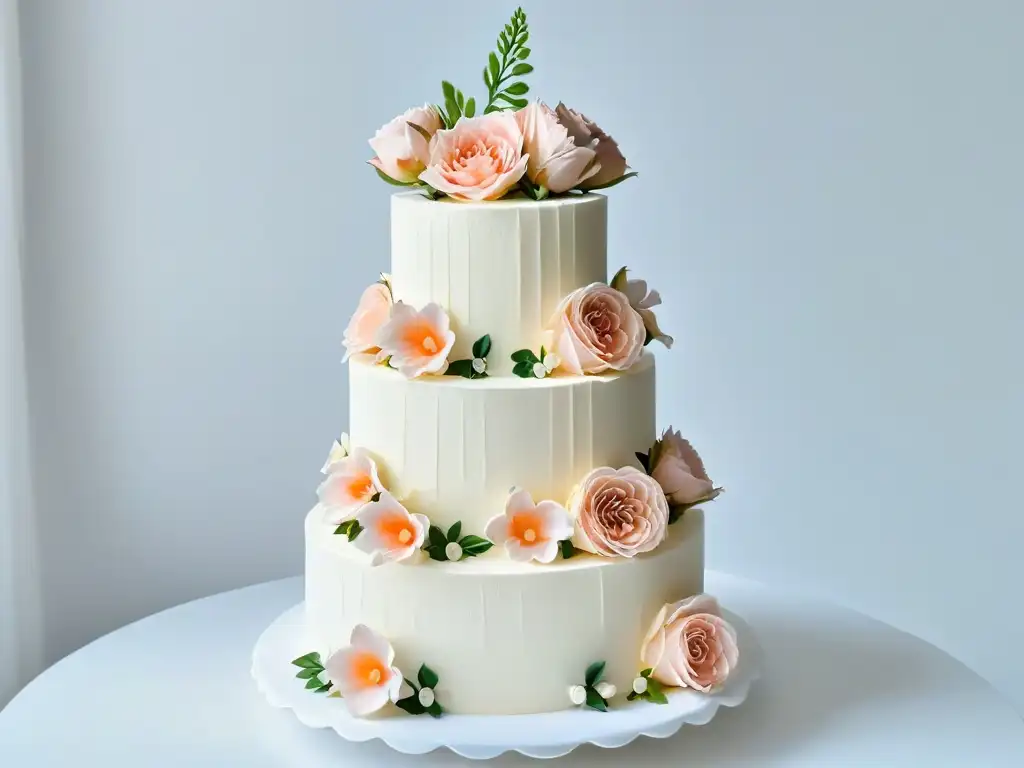 Exquisito pastel de boda con decoraciones florales en tonos rosa y marfil, creando una atmósfera romántica y sofisticada