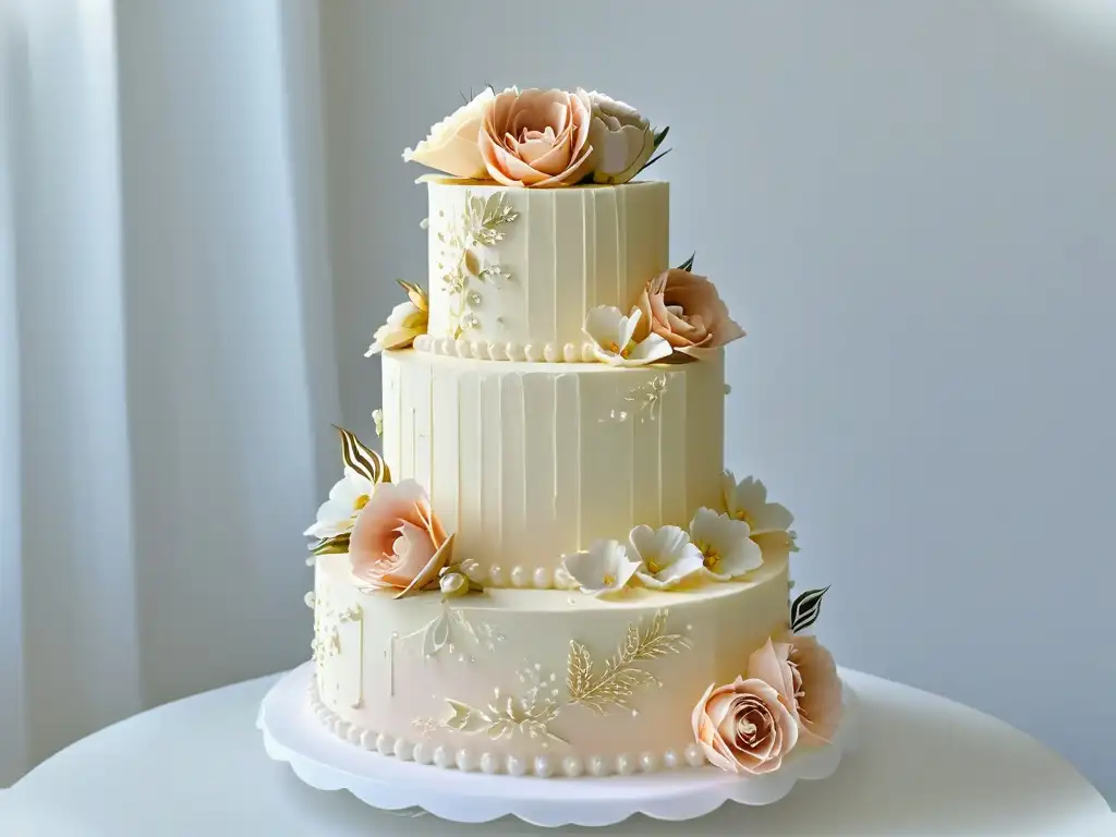 Exquisito pastel de boda decorado con flores de azúcar en tonos rosados y dorados