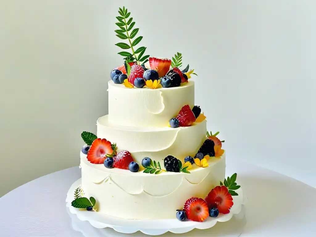 Exquisito pastel de boda de tres pisos con bayas frescas y flores comestibles, cubierto de crema vegana sin gluten