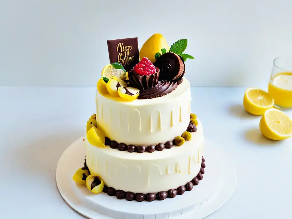 Exquisito pastel de boda con rellenos originales: frambuesa, chocolate y limón, decorado con flores comestibles en mármol blanco