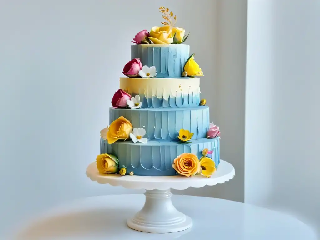 Un exquisito pastel de bodas decorado con glaseado y detalles florales, listo para un evento especial