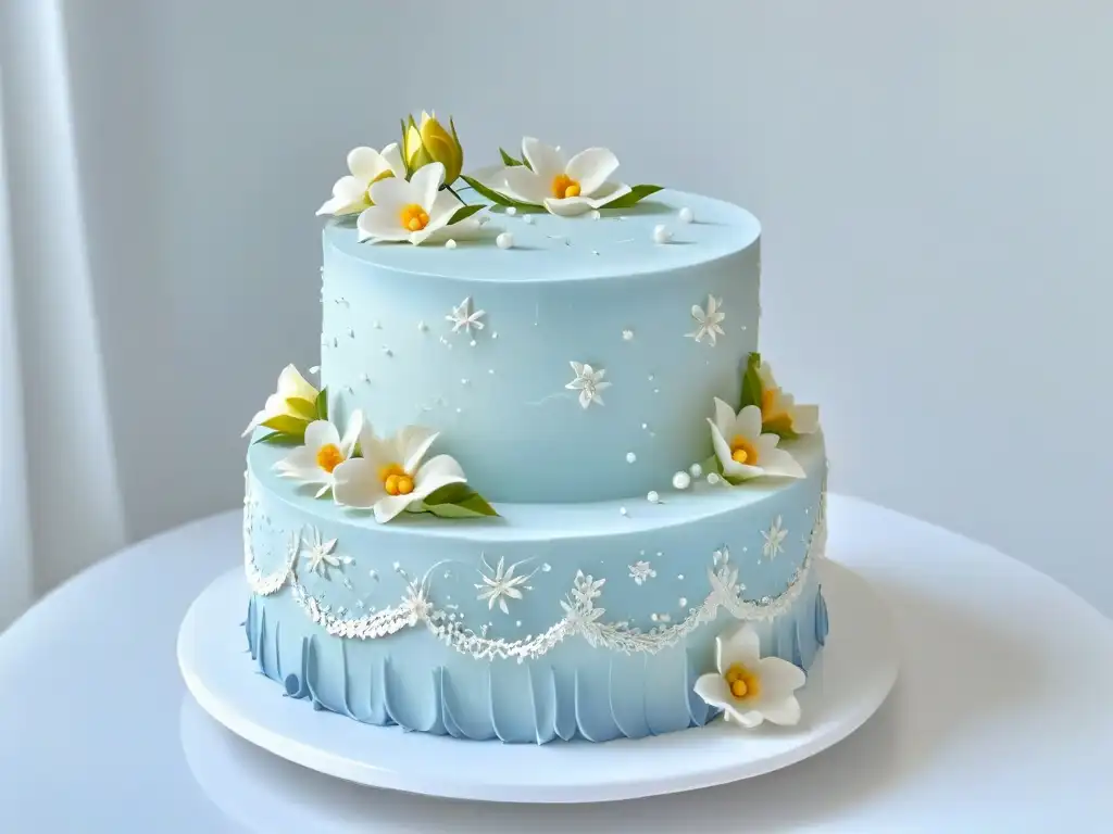 Un exquisito pastel de bodas con detalles de encaje y flores de azúcar, reflejando elegancia y lujo