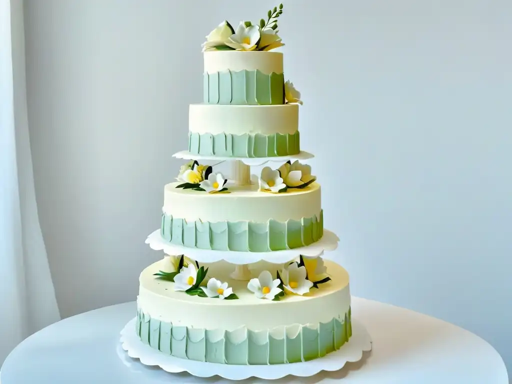 Exquisito pastel de bodas con detalles sofisticados y flores de azúcar, destacando la importancia de la marca repostería