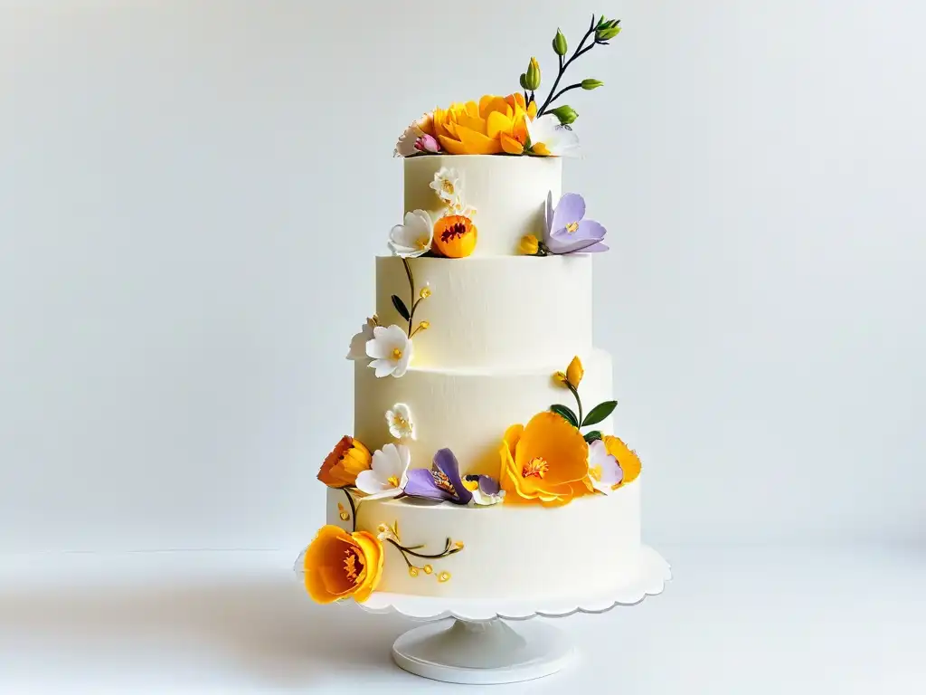 Un exquisito pastel de bodas con flores de azúcar representando culturas de todo el mundo