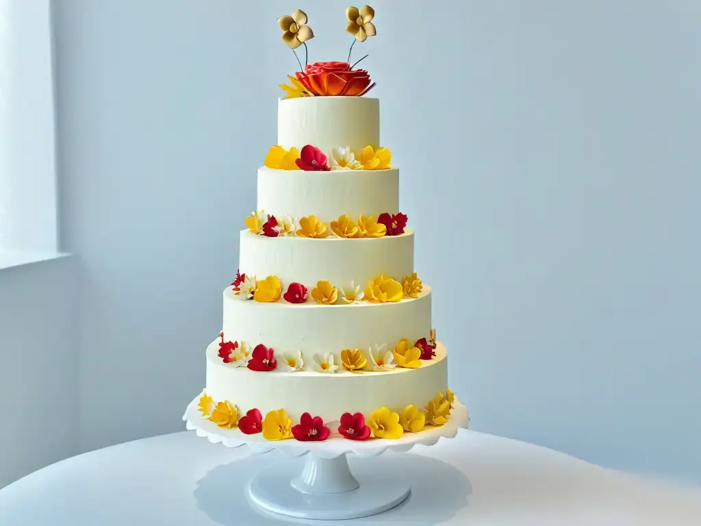 Exquisito pastel de bodas con flores de azúcar representando culturas internacionales