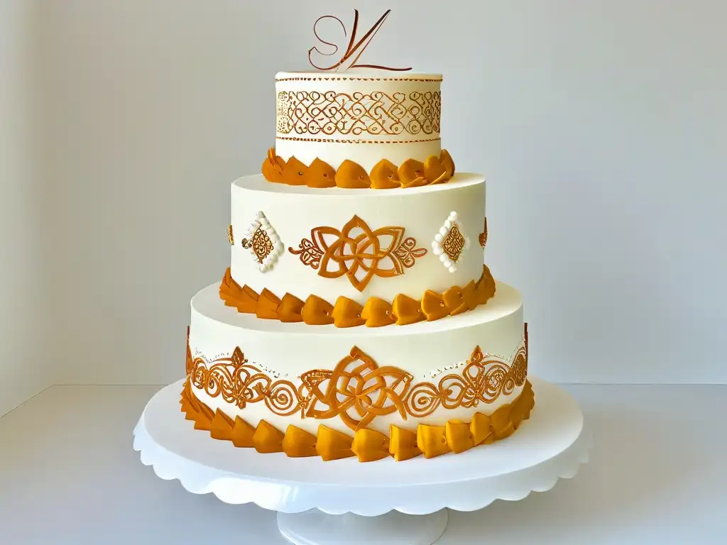 Exquisito pastel de bodas multicultural con detalles de encaje azucarado